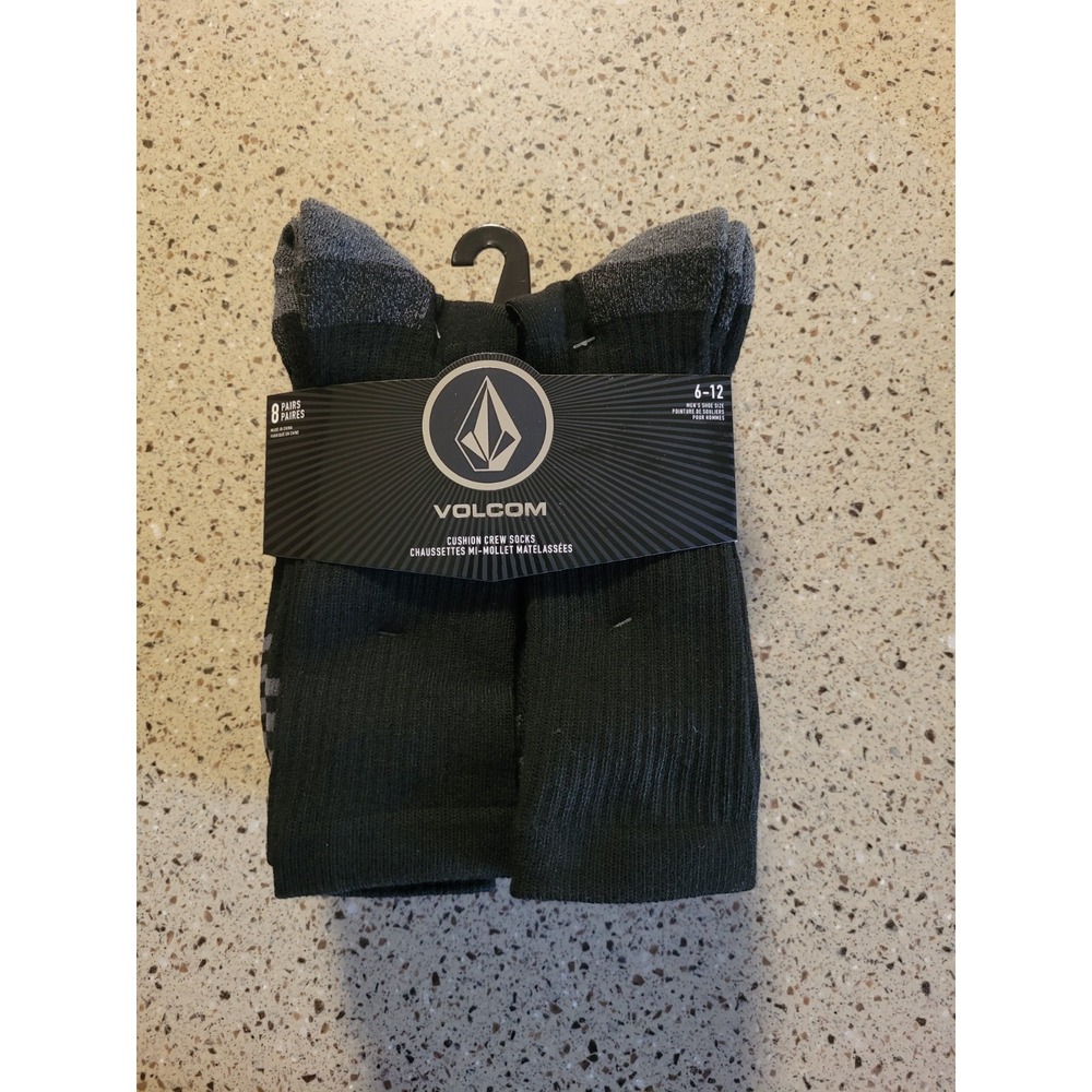 8-Pairs Volcom Mens Size 6-12 Cushioned Crew Socks Black Grey Surf Skate  Beach